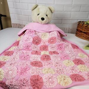 Vintage Handmade Pink YoYo Quilt Waffle Blanket Homespun Doll Crib Throw 24x26